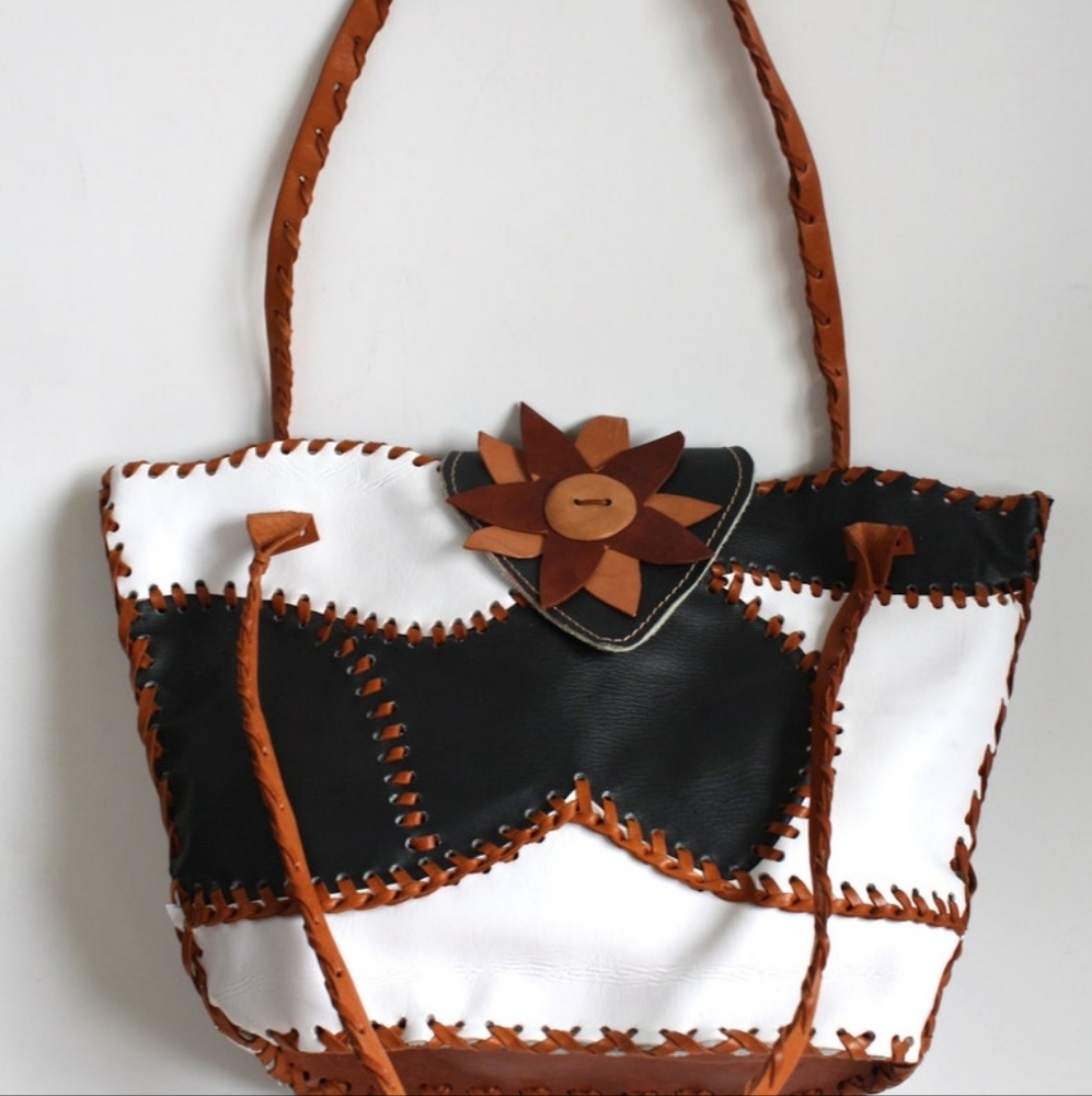 Vintage Boho Hippie Patchwork Purse Leather black and white bucket bag 1…